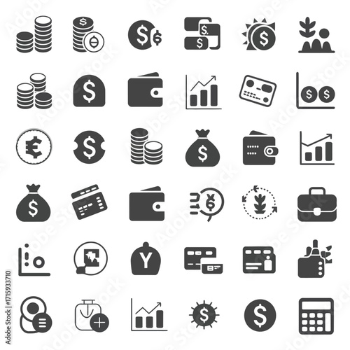 Diverse financial icons set for business and commerce vector graphics collection silhouette vector illustration white background