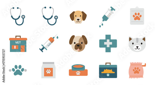 Veterinary clinic icons set featuring animals and medical tools in flat design