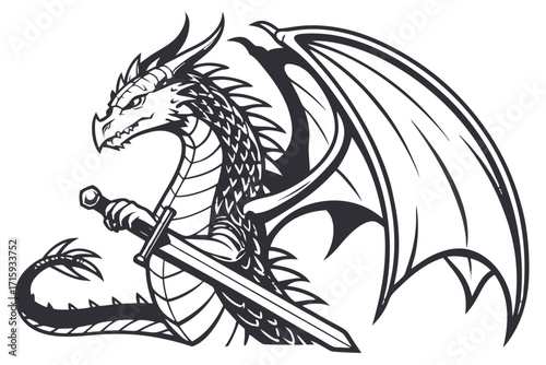 Fierce Mythical Dragon Warrior Illustration detailed scales large wings horns gripping a sword black and white graphic style.