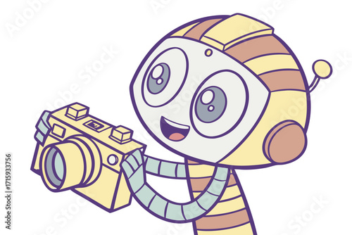 Friendly cartoon robot character with segmented body holding a vintagestyle camera smiling brightly vector art.