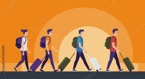 Travelers walking with luggage in silhouette style against sunset background