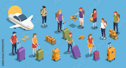 Isometric style travelers with luggage and airplane on blue background