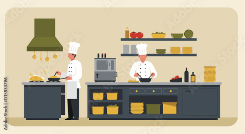 Chefs cooking in restaurant kitchen with modern equipment and fresh ingredients