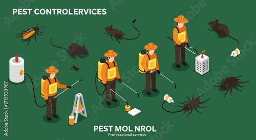 Pest management services with exterminators and rodents in uniform on green background