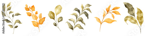 Watercolor floral and leaf elements set, perfect for design projects. A collection of vibrant watercolor flowers and leaves in warm autumnal colors like burnt orange, deep purple, and soft lavender.