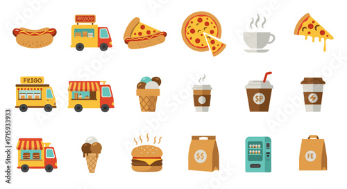 Flat style food and drink icons featuring pizza, coffee, and food trucks