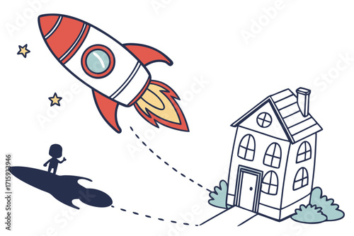 Handdrawn cartoon rocket ascending featuring red and white body blue porthole and vibrant fiery exhaust.