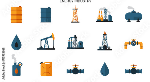 Diverse energy industry icons featuring oil rigs, pipelines, and refineries in flat design