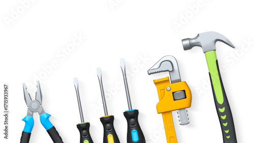 Set of hand tools including pliers, pipe wrench, hammer, and screwdriver isolated on white background, concept of repair