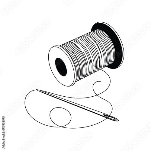 Black and white vector illustration of a spool of thread and sewing needle silhouette vector illustration white background