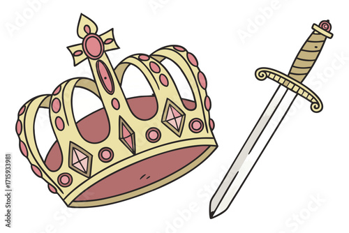 Handdrawn golden crown with pink jewels and a classic sword royal power symbols.