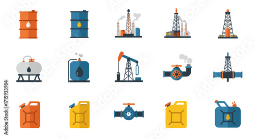 Energy icons set: colorful oil drilling, barrel, and pipeline elements