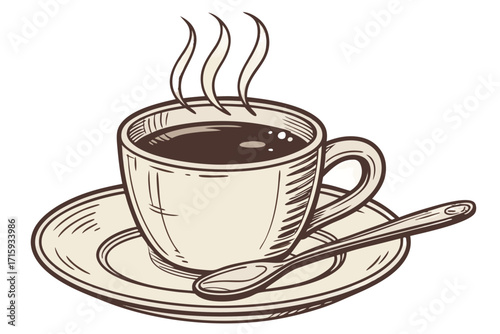 Handdrawn steaming hot coffee cup saucer and spoon illustration featuring a warm beige and brown color palette.