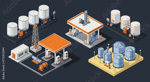 Isometric industrial oil and gas facilities with storage tanks and pump stations