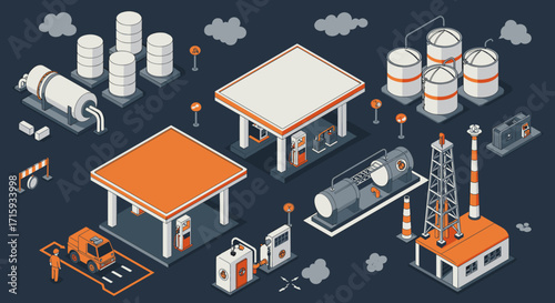Isometric industrial oil and gas facility with tanks and storage structures