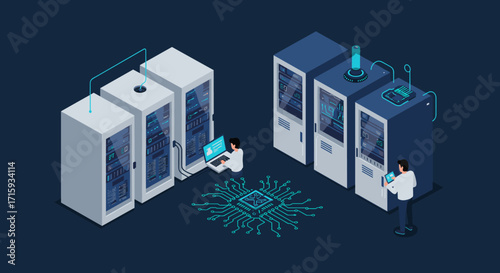 Isometric data center with servers and technicians in a modern technology environment