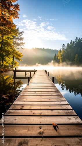 Sunrise over lake and wooden pier