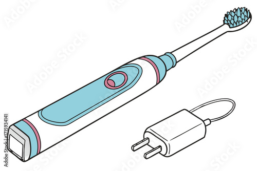 Illustrated electric toothbrush with light blue bristles and pink accents accompanied by a twopin charger plug.
