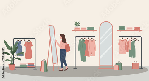 Woman shopping in stylish boutique with modern interior design elements