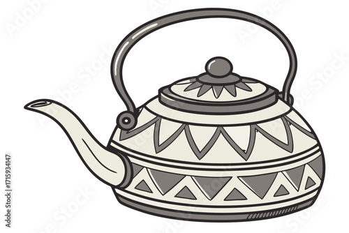 Illustrated cream and grey teapot with geometric triangle pattern and handle.