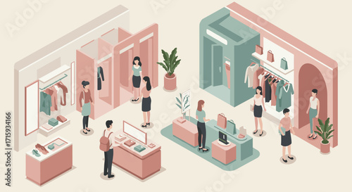 Modern isometric fashion boutique with shoppers exploring clothing and accessories