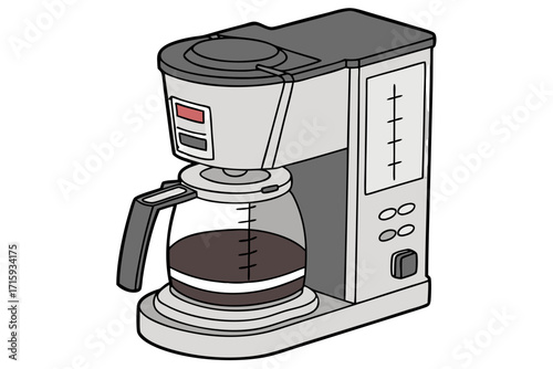 Illustrated grey drip coffee maker with red button glass carafe and dark coffee isometric view.
