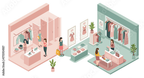 Isometric fashion boutique shopping experience with customers and clothing displays