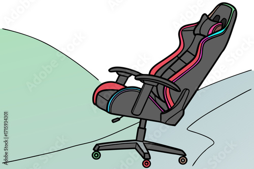 Modern ergonomic gaming chair with vibrant colorful accents and fivestar wheeled base tilted back.