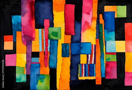 Bright colorful watercolor shapes on black background, abstract pattern