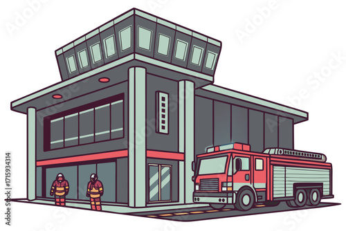 Modern cartoon fire station building with red fire truck and two firefighters in protective gear flat illustration style.