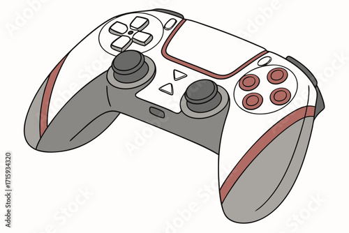 Modern white video game controller vector illustration featuring grey grips red accents dual joysticks and Dpad.