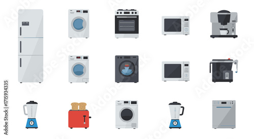Home appliance collection: flat design icons for kitchen and laundry devices