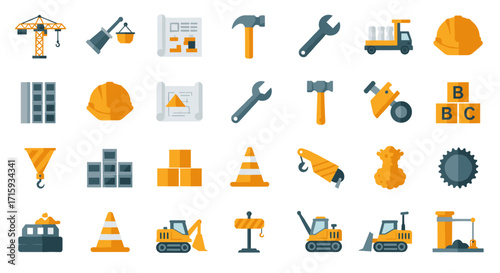 Construction equipment icons set in modern flat style for industrial and building projects