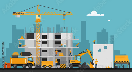 Flat design construction site with workers, equipment, and cityscape background