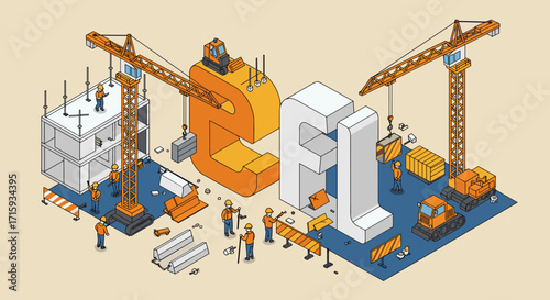 Isometric construction scene with 3d alphabet structures and workers