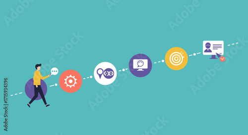 Business workflow concept with steps and graphical icons on blue background