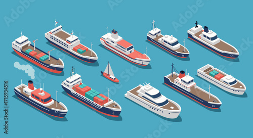 Colorful isometric ships and boats collection on blue background
