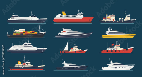 Diverse flat style ship collection on blue background: cargo, cruise, tugboat, and yacht designs