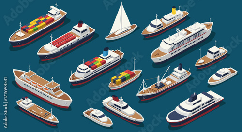 Isometric collection of various ships and boats on blue background
