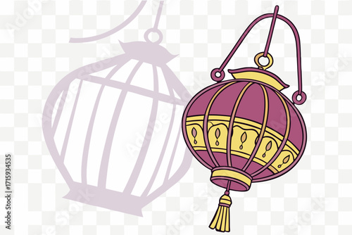 Ornate purple and yellow Asian lantern illustration featuring decorative patterns and tassel.