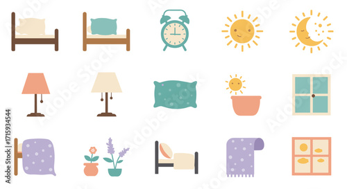 Cozy bedroom icons set: beds, clocks, lamps, pillows, windows, sun, moon, plants