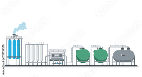 Industrial factory equipment with tanks and pipes in flat design
