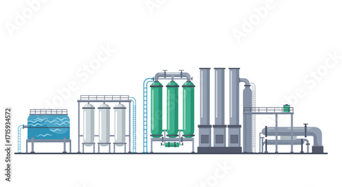 Modern flat style industrial facility with storage tanks and pipelines