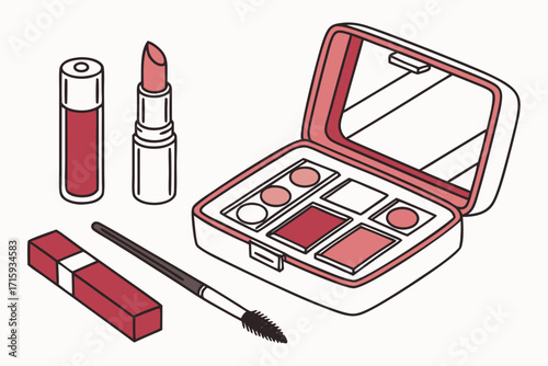 Pink and red isometric makeup collection with open palette lipstick lip gloss and mascara wand.