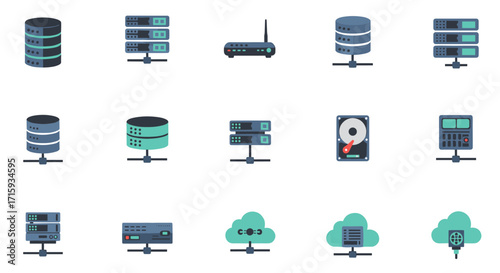 Flat design server icons: database, router, cloud network set
