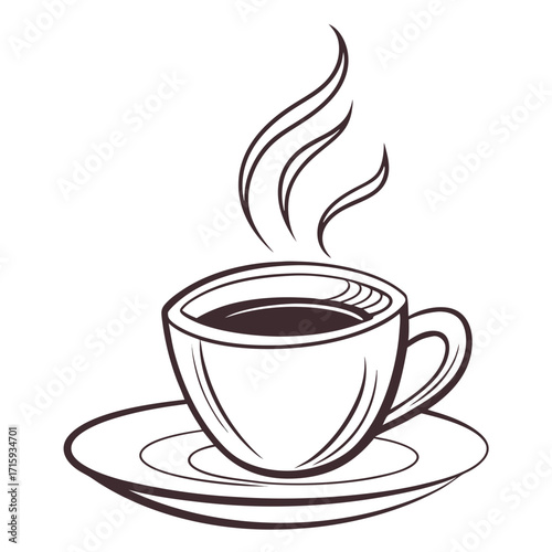A simple line art illustration of a steaming cup of hot coffee on a saucer