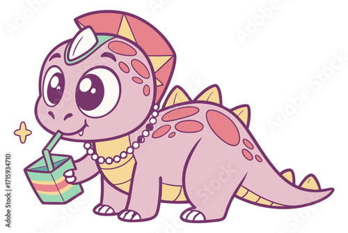 Playful cartoon lavender dinosaur with a beaded necklace and colorful headpiece sipping juice.