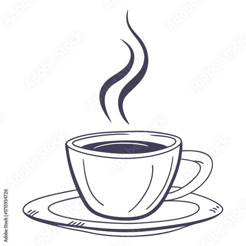 A simple line drawing of a steaming cup of coffee on a saucer with wisps of steam rising