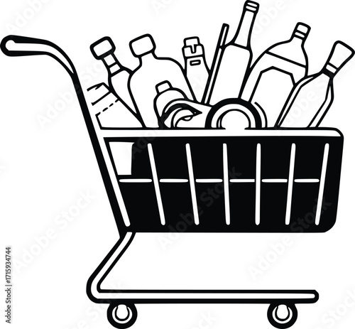 Outline Drawing of Supermarket Trolley with Items 