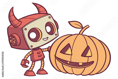 Playful horned robot with segmented limbs and a cheerful carved Halloween pumpkin illustration.